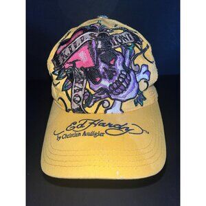Ed Hardy By Christian Audigier Skull Hat Ball Cap Yellow Embroidered Snap Back